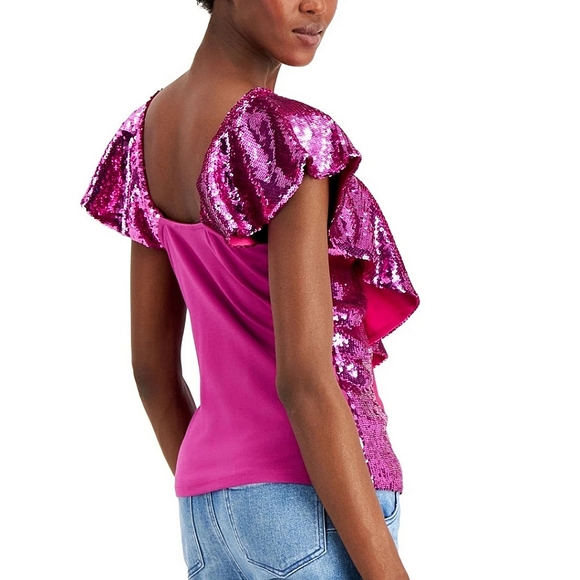 NWT INC International Concepts Fuschia Pop Pink Sequin Flutter Sleeve Top XL - Picture 2 of 12
